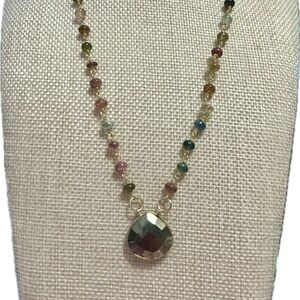 Multicolor Tourmaline Beaded Necklace with Pyrite Pendant